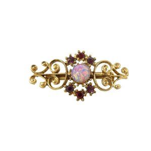 Petite Gold Tone Faux Opal & Red Pink Rhinestone Filigree Brooch Pin Unsigned